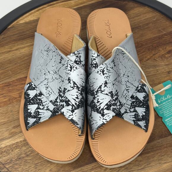 Olukai Ohohi Leather Slide Wedge Sandals Black/Silver Women's 9 NWT - Picture 6 of 10